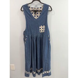 Vintage Denim Jumper Dress Gingham Sunflower Cottagecore 100% Cotton Sz 14